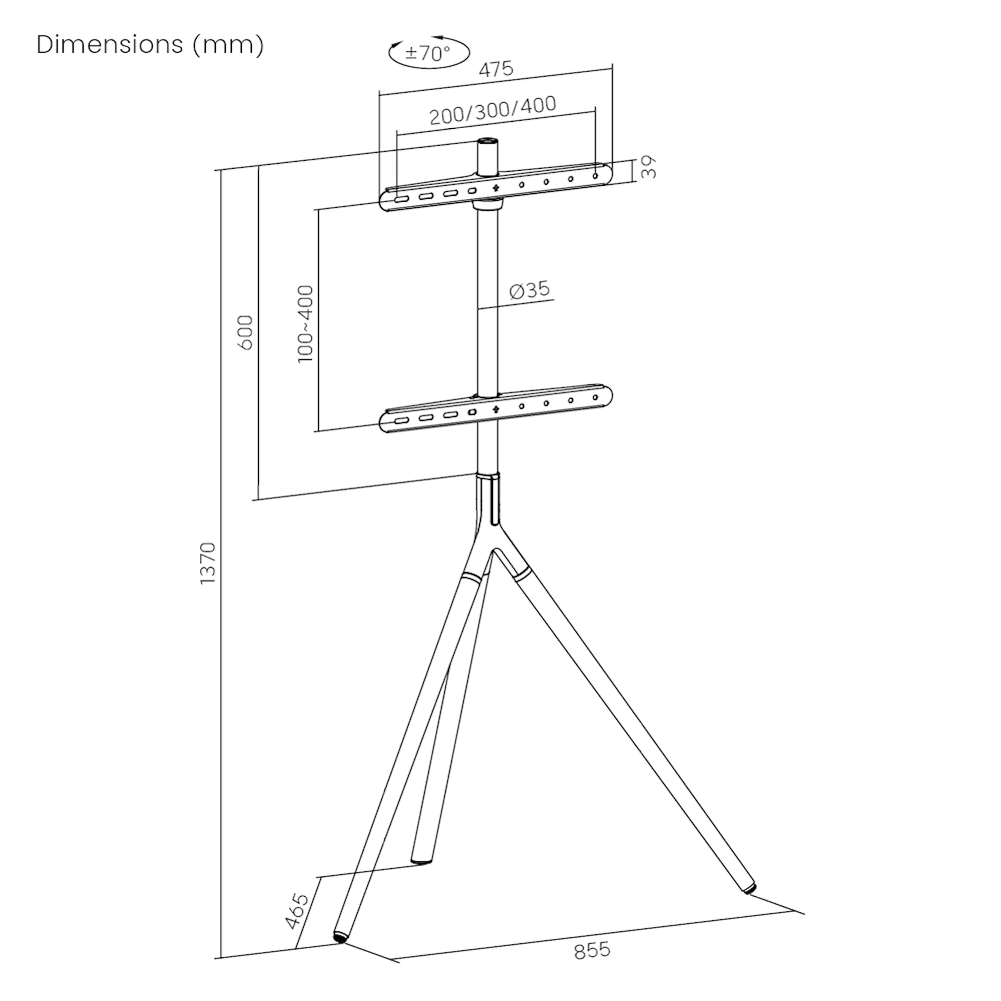 pro.tec TV Halterung Valle Fernseher Halterung max. 65 Zoll TV Ständer max. VESA 400 x 400 Fernsehständer 137 x 86 x 467 cm TV-Standfuß Metall Schwarz