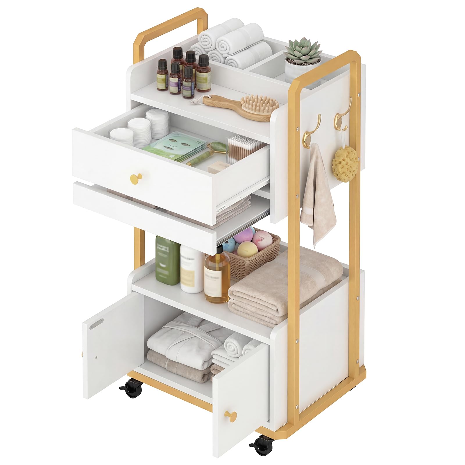 Carrello per salone spa con armadietto, carrello di bellezza arrotolabile per uso professionale spa e salone, carrello mobile per estetista per prodotti per la cura della pelle, viso e trattamenti