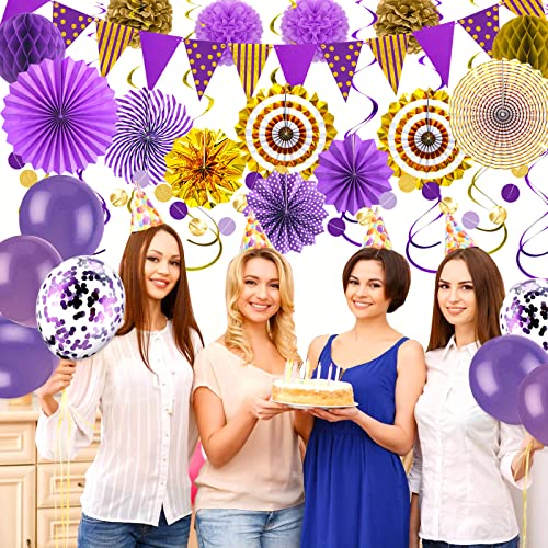 Image of Purple Gold Party Decorations, Graduation Season Hanging Glitter Triangle Flags Banner Paper Fan Tissue Pom Poms Garlands, Women Girl Party, Bridal Shower, Purple Themed Birthday