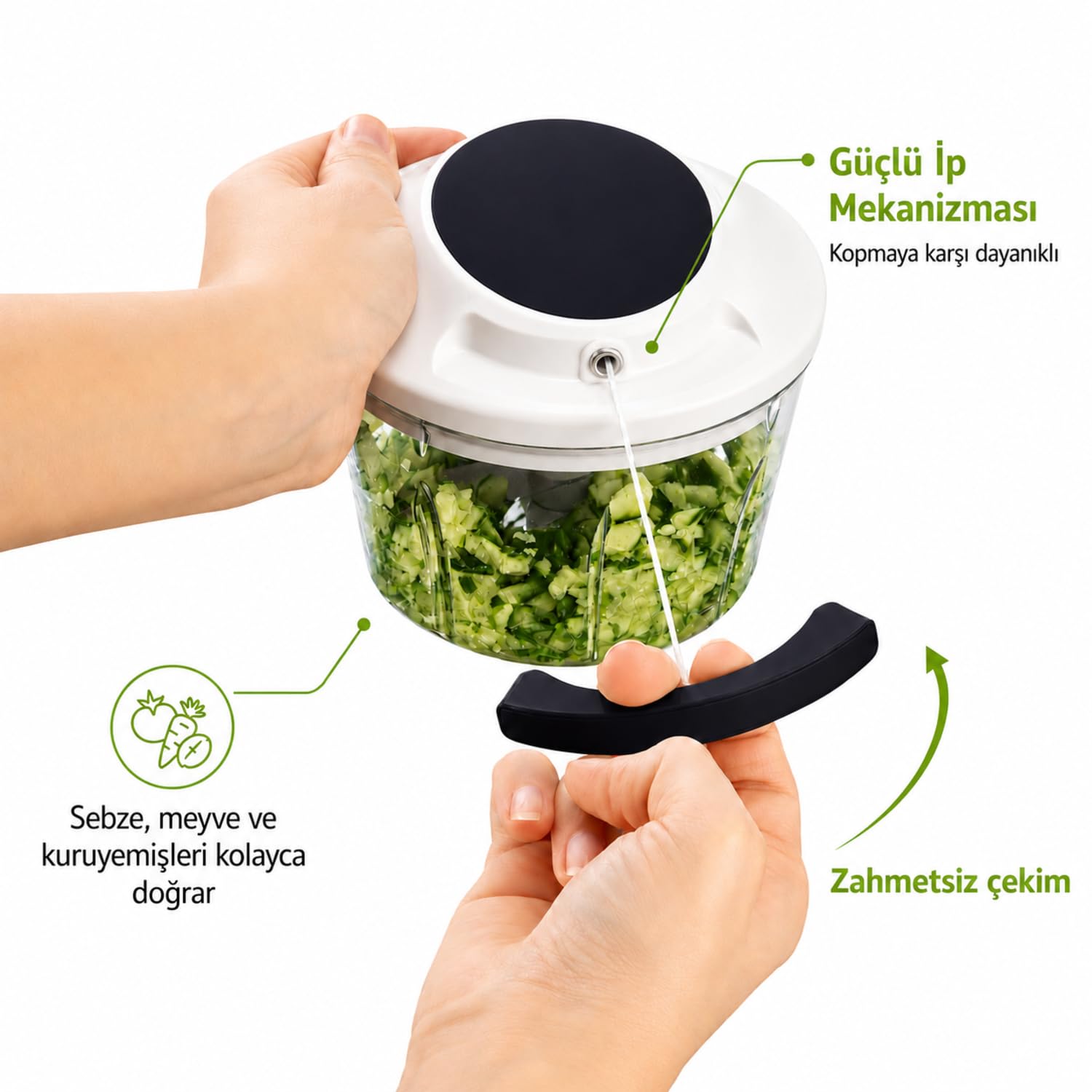Paslanmaz 3 Bıçaklı İpli Rondo, Sebze Meyve Kuruyemiş İçin Taşınabilir Manuel Çekmeli Doğrayıcı, Hızlı Pratik ve Ergonomik, Plastik, 700 ml (Koyu Antrasit)