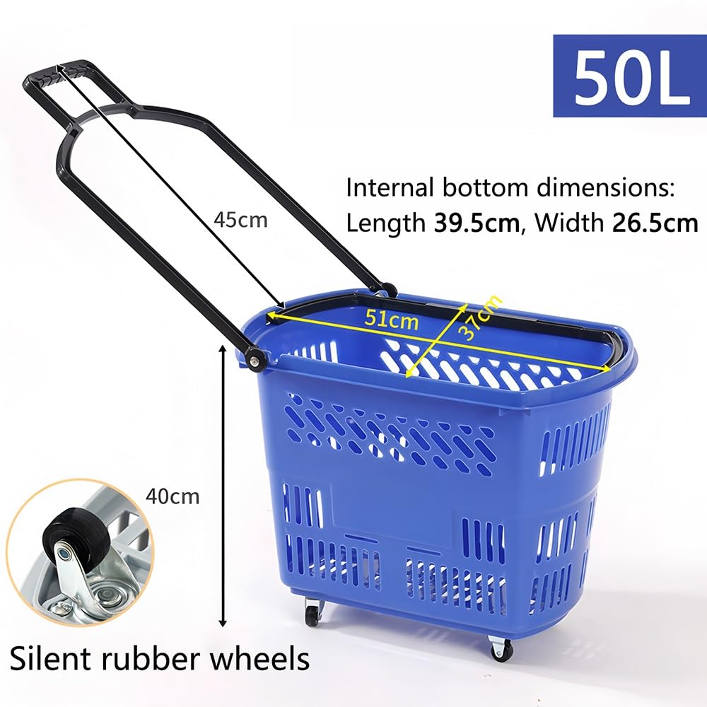 Cestino per la spesa in plastica con manico e ruote, grande capacità, portatile, per supermercati e spesa