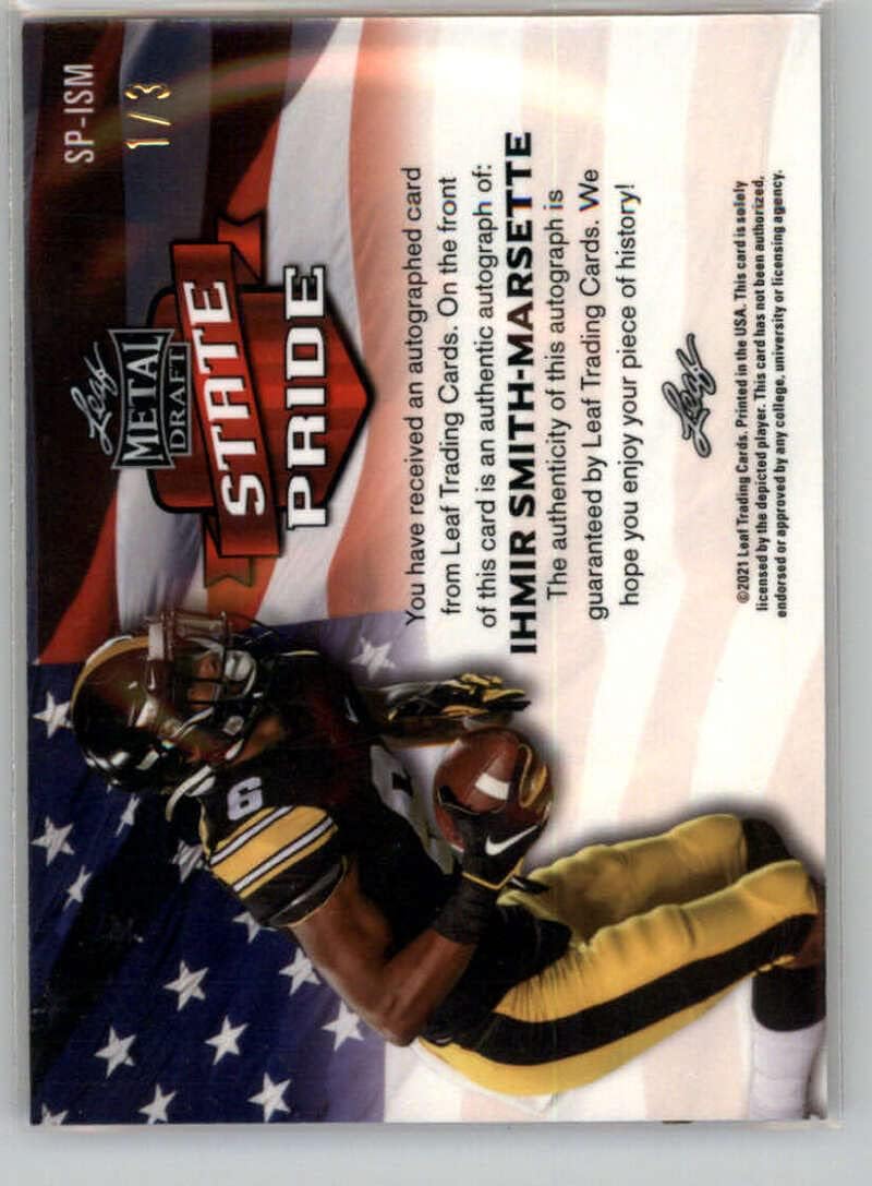 2021 Leaf Metal Draft State Pride Wave Autographs Red #ISM Ihmir Smith-Marsette Auto Autograph SER/3 Official Pre NFL Football Signature Rookie Trading Card who was drafted by the Minnesota Vikings in the 5th Round
