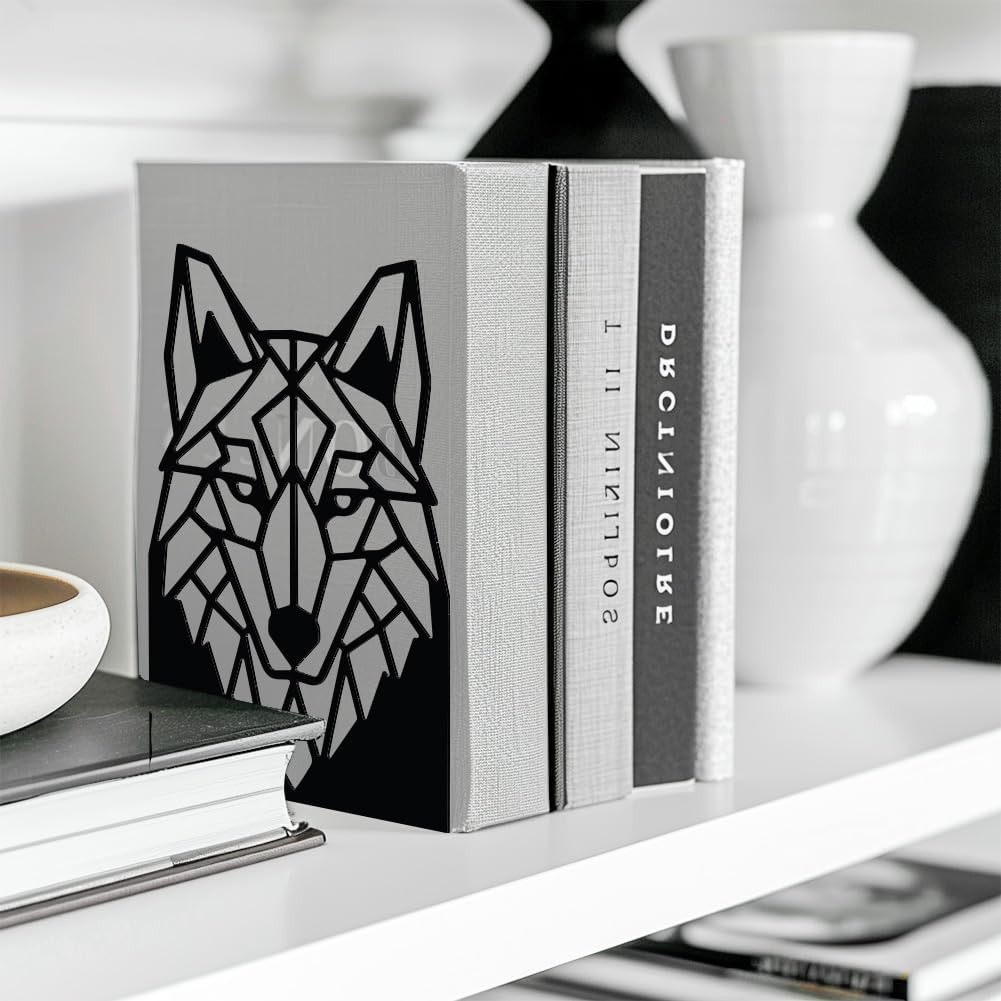 Peacoblue Metal Bookends for Shelves, Modern Decorative Heavy Duty Study Book Support Stoppers for Office, Desk, Shelf, Room 5.3"x4.3"x7.5" Cast Iron Simple Tall Bookends, 1 Pair (Geometric Wolf Head)
