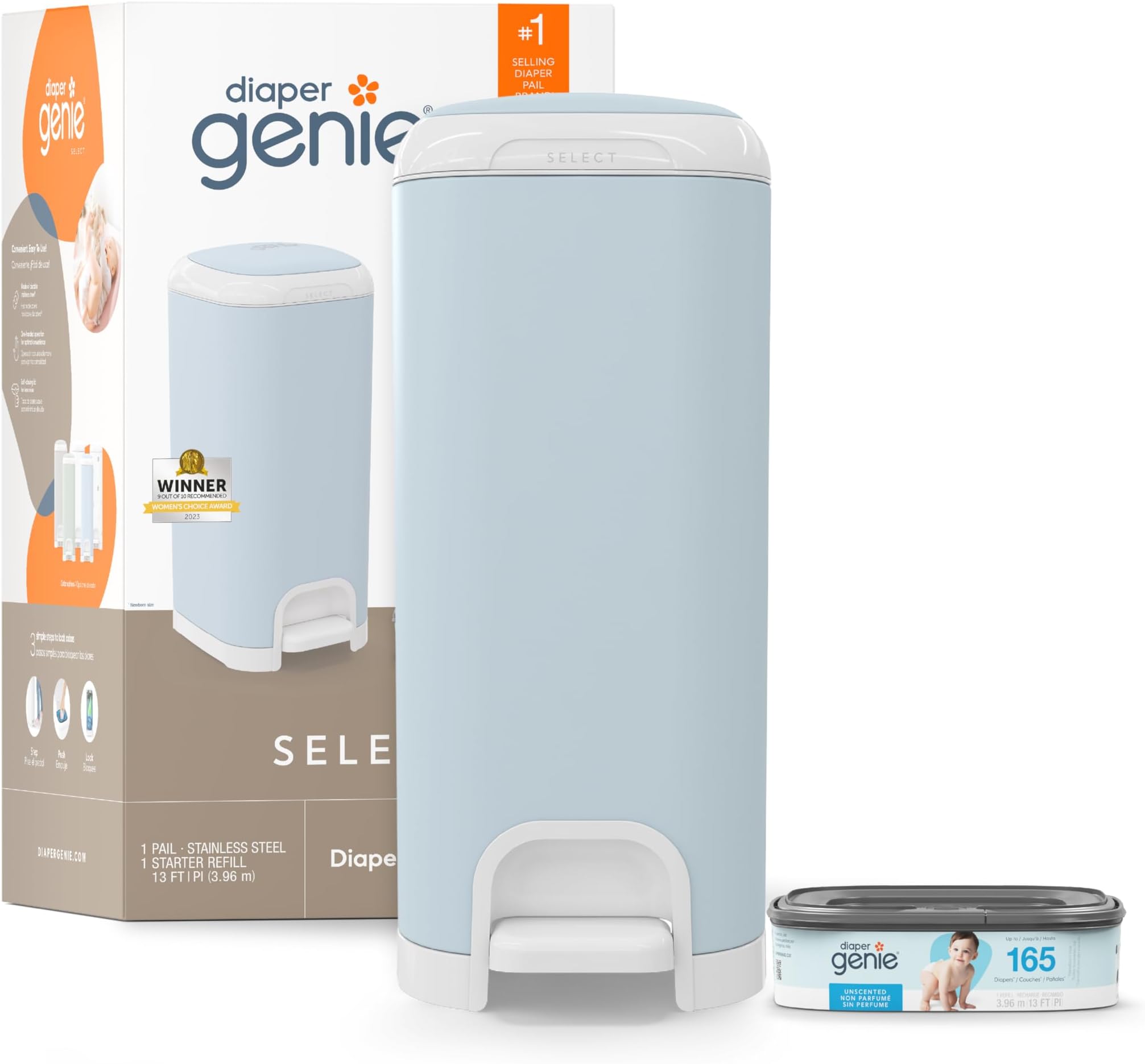 Diaper Genie Select Diaper Pail | Odor-Lock System with Push N Lock Clamp, Stainless Steel Body & Soft-Close Lid | Hands-Free Foot Pedal with Starter Refill - Blue