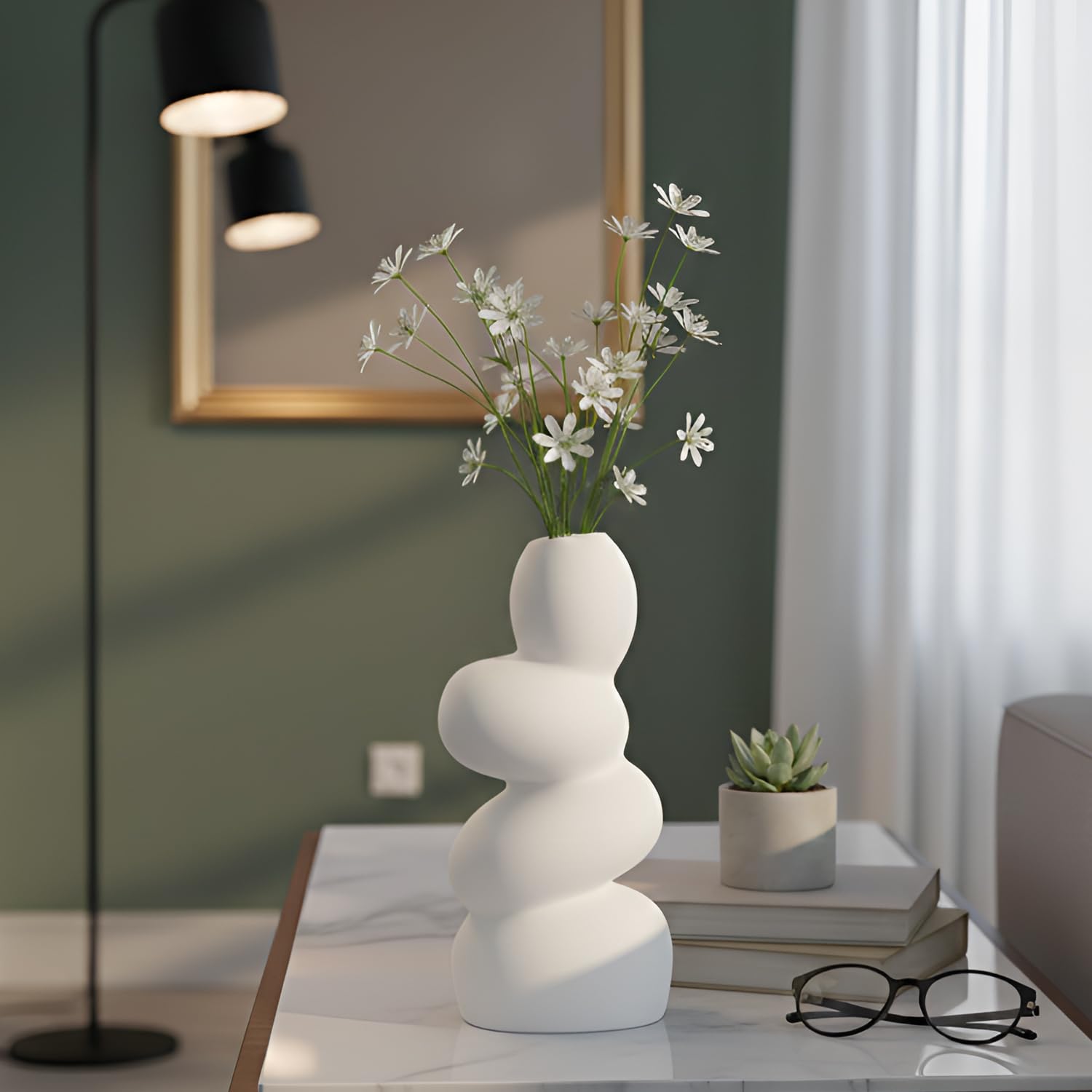 TIED RIBBONS Decorative Cobblestone Ceramic Flower Vase for Home Decoration Living Room Flowers Plants Centerpiece Office Table Décor Showpiece Decoration Items (White, 21.4 cm x 8.8 cm)-image-6