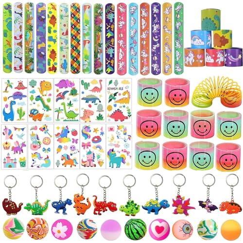 LATERN 58 peças de sacos de festa para crianças, favores de festa coloridos com 12 molas, 16 faixas para tapas, 10 bolas saltitantes, 10 chaves, 10 tatuagens temporárias