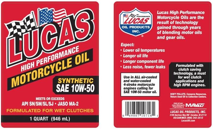 Lucas Oil 10716 High Performance Synthetic SAE 10W-50 Motorcycle Oil - 1 Quart (Pack of 6)