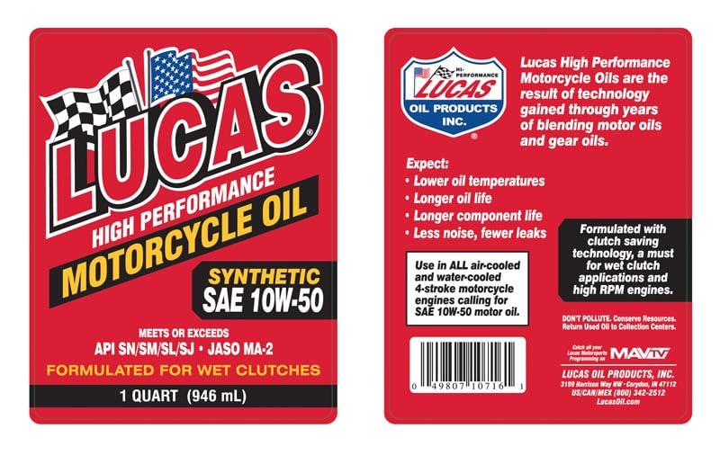 Aceite Sintético para Moto Lucas Oil 10W-50 1 Quart miniatura 2
