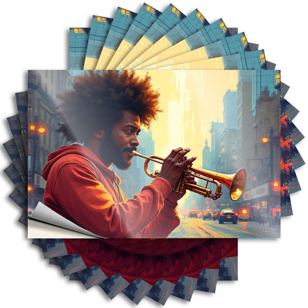 A Man Plays Trumpet in A Futuristic Cityscape. Summer Decal | Guys Waterproof Vinyl Hard Stone Removable Decal Peel Stick(12X18CM)