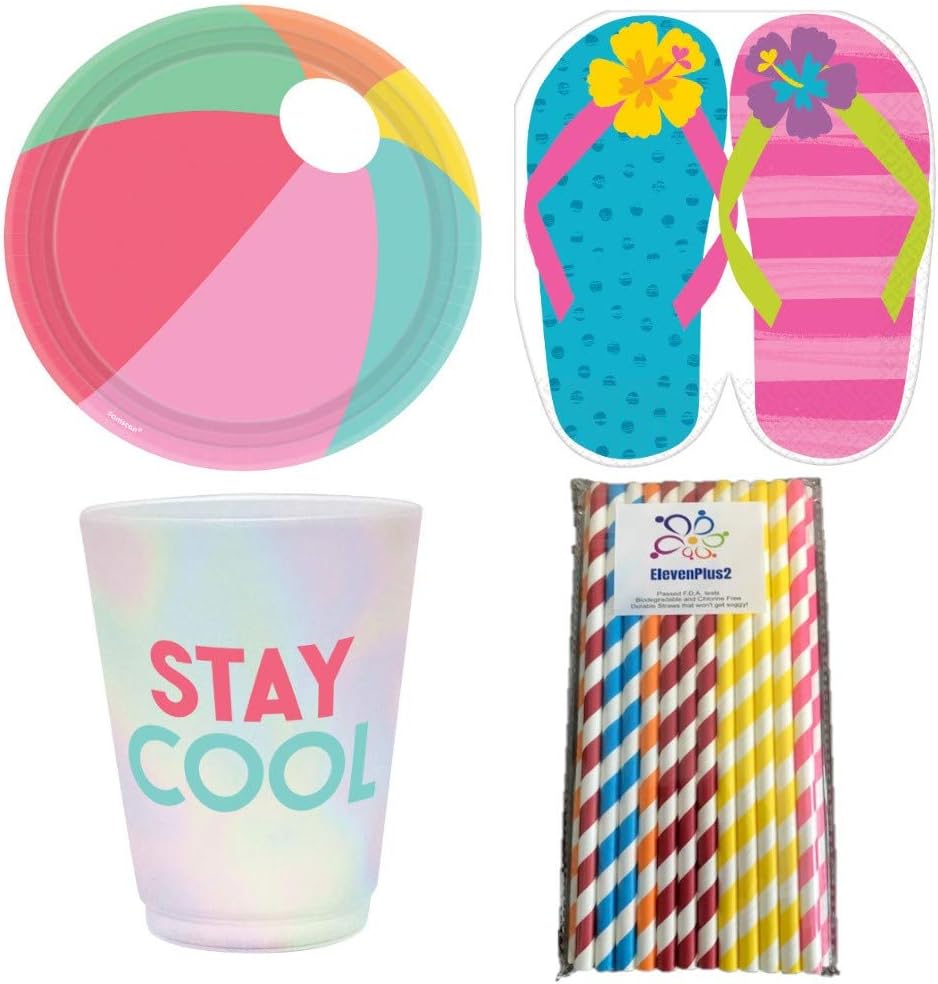 Summer Fun Chillin At The Beach Party Supplies Pack for 16 Guests: Includes Beach Ball Plates, Flip Flop Napkins, Stay Cool Tumblers and ElevenPlus2 Straws