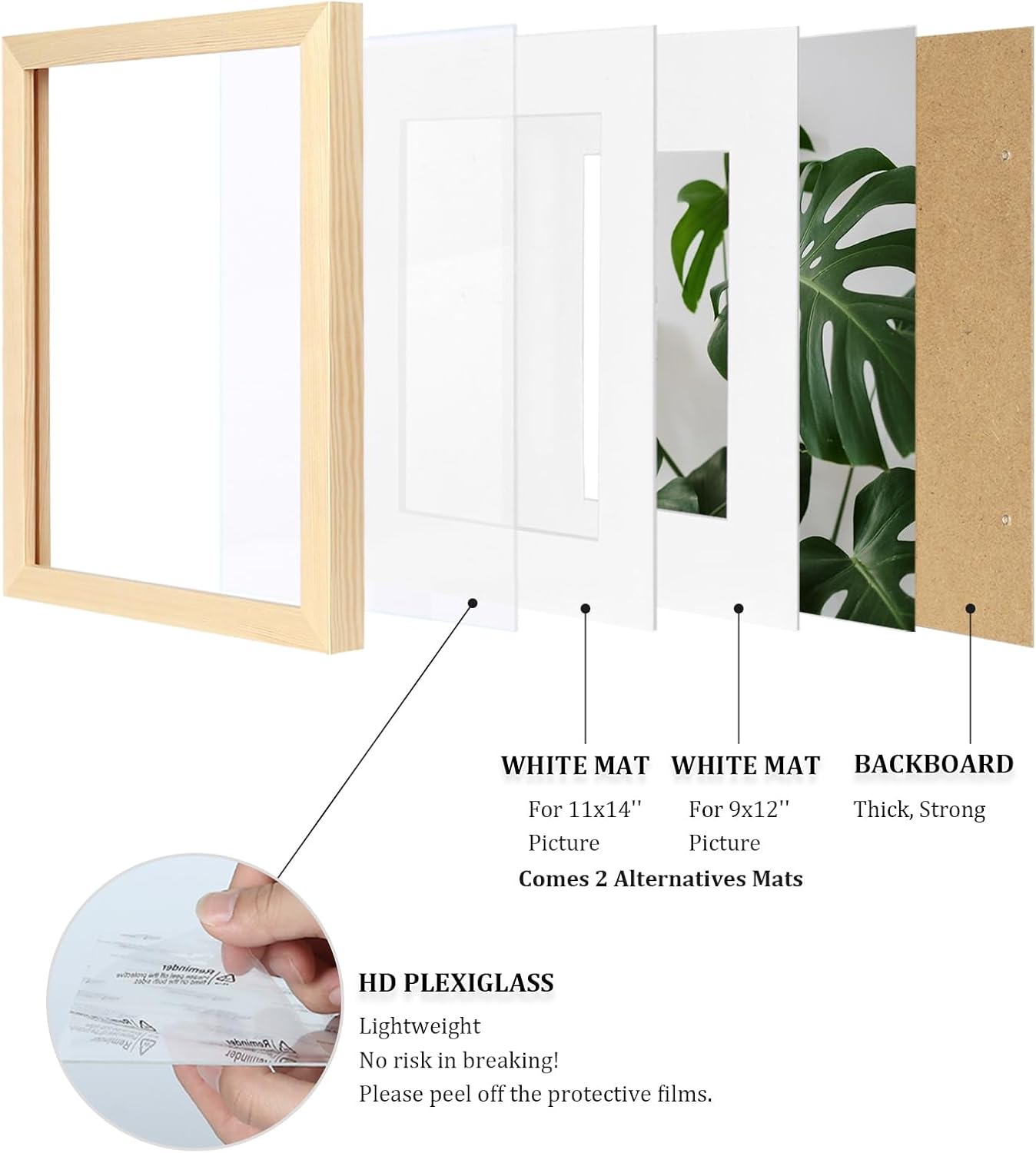 Egofine 12x16 Picture Frame Natural Wood Made of Solid Wood with Plexiglass, Display Pictures 9x12/11x14 with Mat or 12x16 Without Mat, for Wall Mounting Photo Frame - Image 4