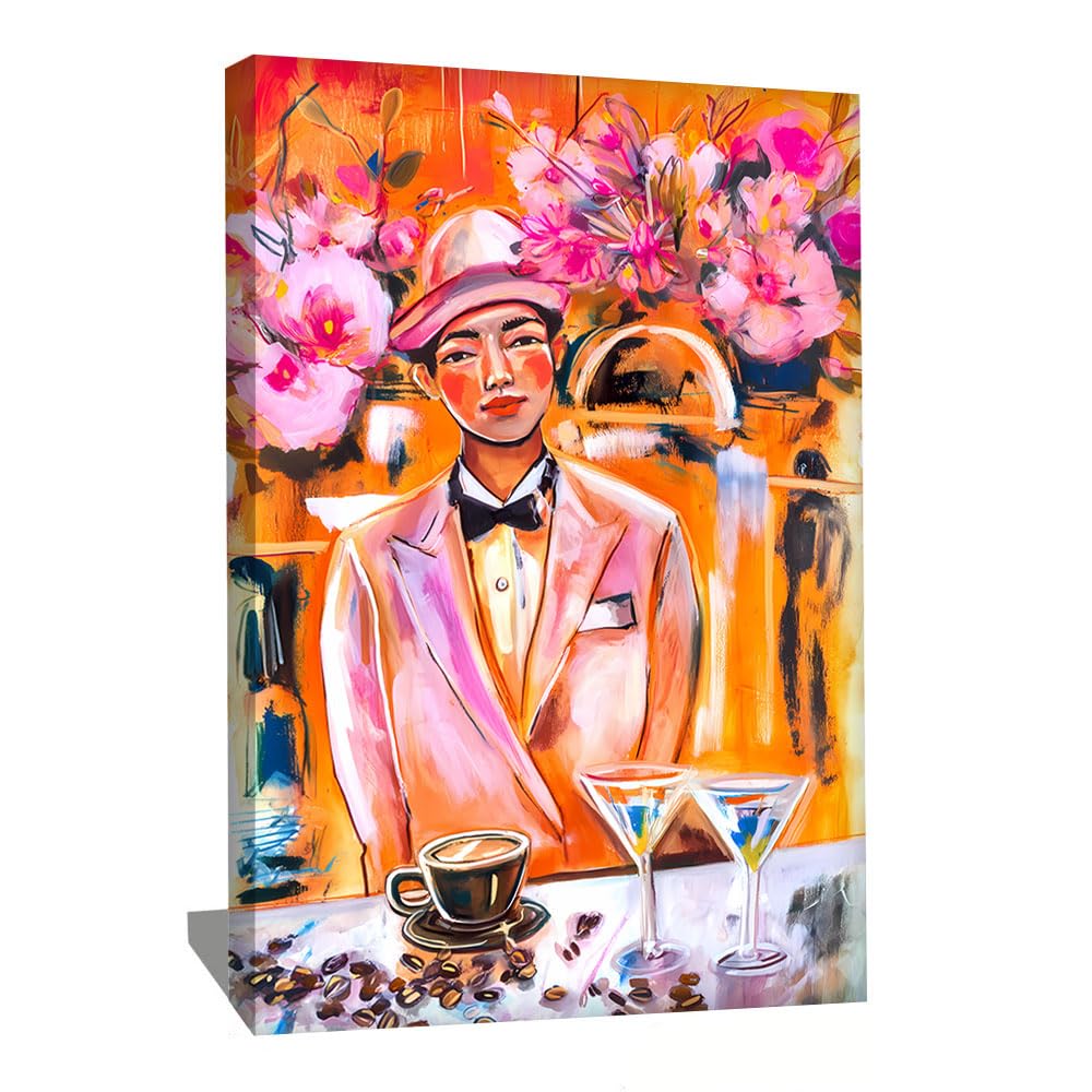 Alessio Cacciatore Quadro moderno acquerello - cornice decorativa da parete, caffè, stampa su tela arancione, per bar, poster decorazione da parete, cocktail, tela colorata astratta (40 x 30 cm)