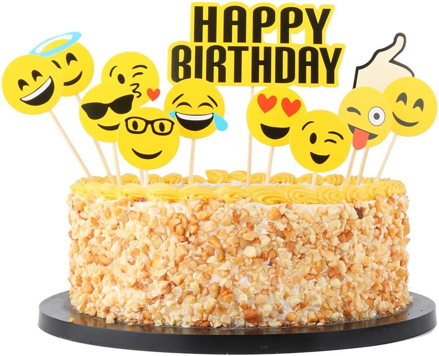 QIYNAO Happy Birthday Cake Topper Set,Party Cake Decoration Supplies (Emoji small yellow face)