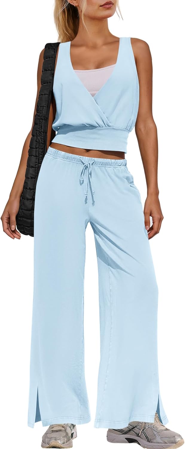 LAMISSCHE 2 Piece Lounge Set Women Summer Outfits Casual V Neck Crop Tops Wide Leg Pants Sets with Pockets