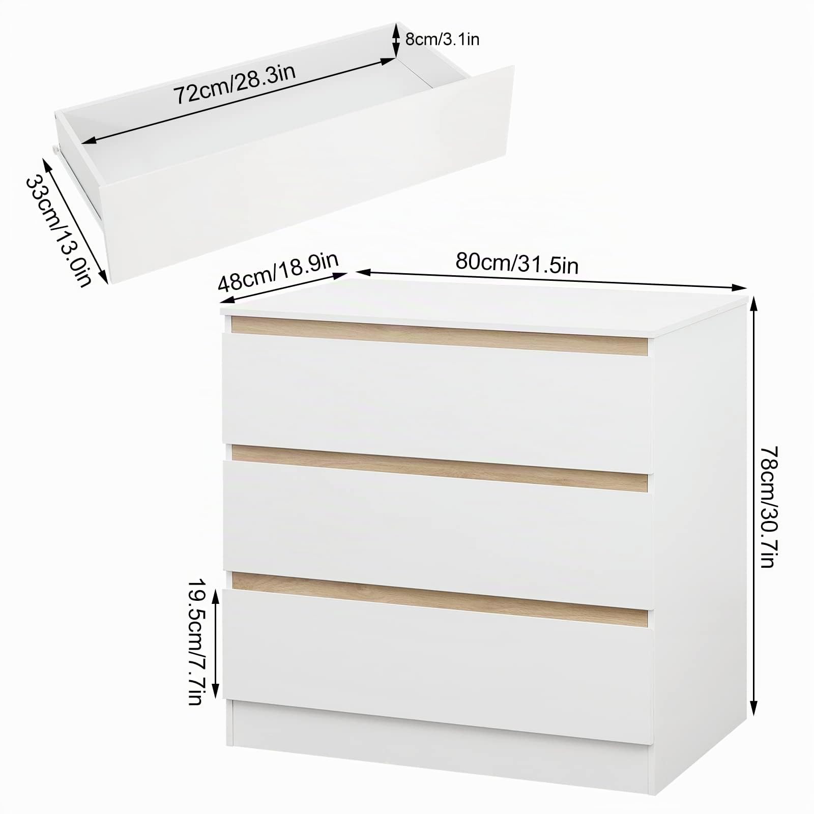 WOLTU Cómoda Blanca con 3 Cajones, Cajonera Moderna para Dormitorio, Armario de Almacenaje en Madera MDF, 80x48x78 cm