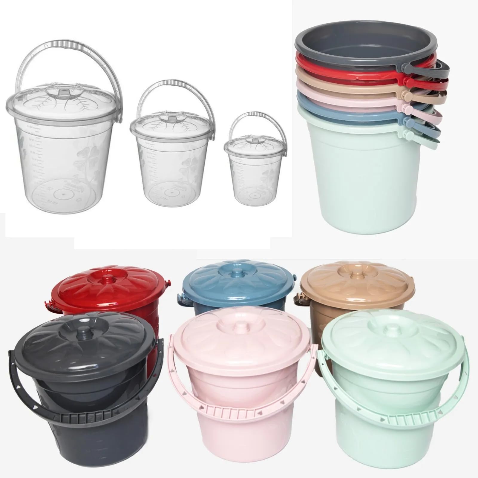 2 x Buckets 5L 10L 15L Container with Handle and Lid (Colours May Vary) (10L)