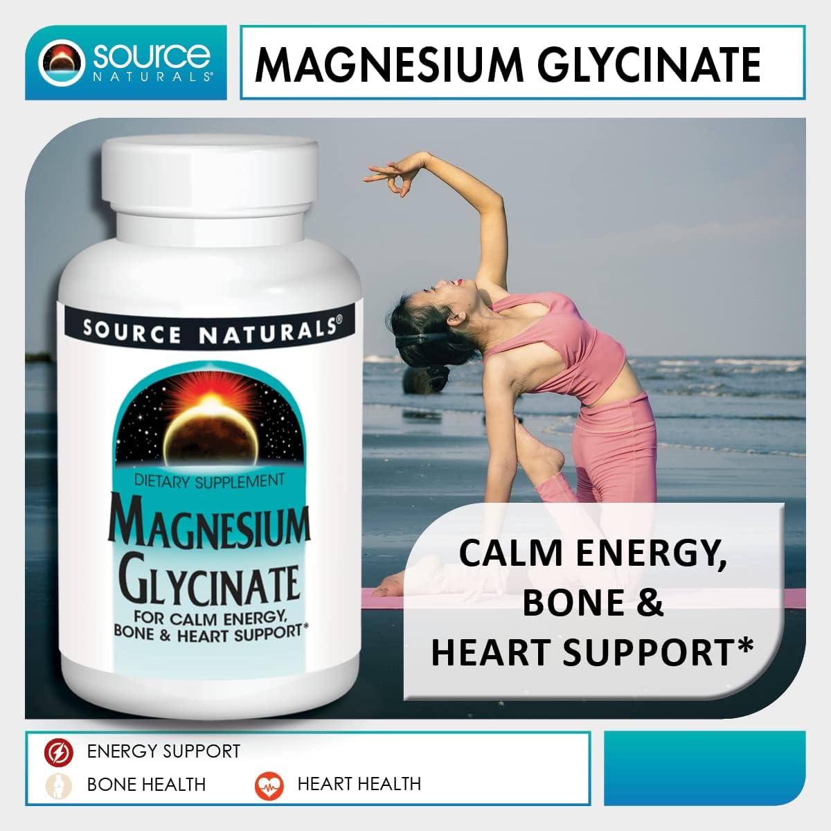 Source Naturals Magnesium Glycinate, Chelated for high Absorption | for Calm Energy, Bone & Heart Support*, 200 mg per Serving - 180 Tablets