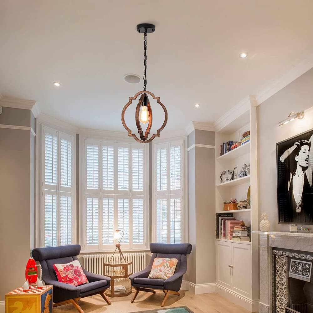 1-Light Farmhouse Wood Chandelier,Rustic Retro Pendant Light.Adjustable Height Handmade Rustic Light Fixture for Foyer, Dining&Living Room, Kitchen Island, Entryway, Breakfast Area(Colour: Black)