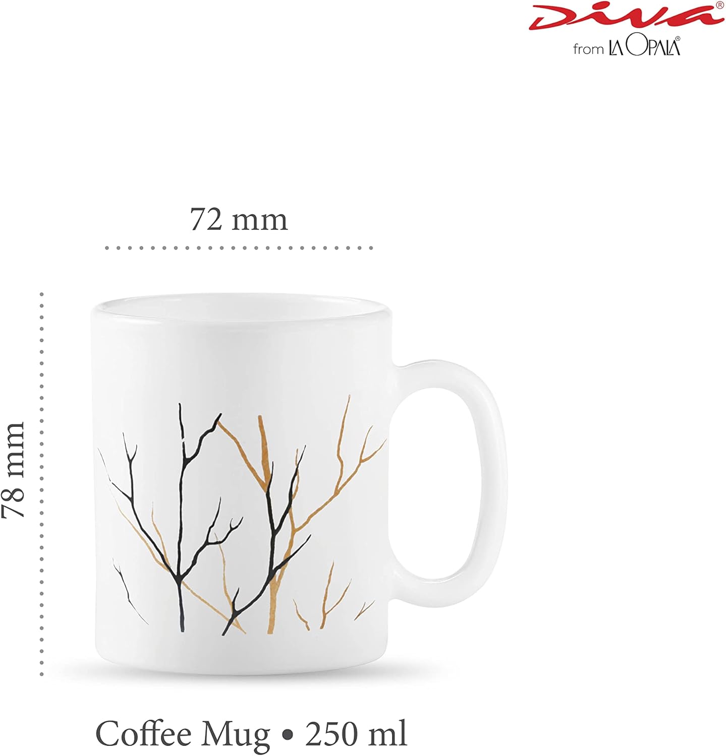 La Opala Diva, Opal Glass Coffee Mug Set Cylinder Medium 6 pcs, Golden Fall, White,Standard