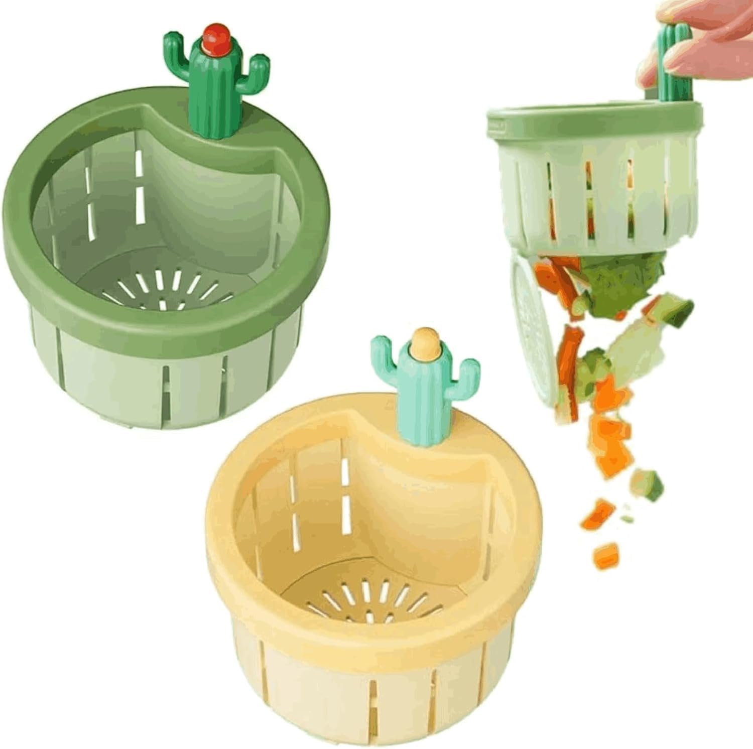 2pcs Cactus Kitchen Sink Drain Strainer,Press Automatic Dumping Basket,Multi-functional Home Use Cactus Sink Draining Basket Filter Net Lifting Basket,Kitchen Waste Collector Filter(Green and Yellow)