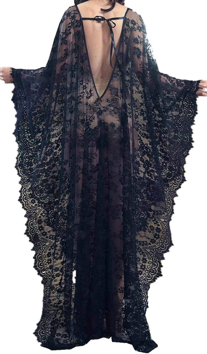 LikeJump Vestido Floral Encaje Transparente de Playa Kaftan Kimono Pareos Cover Ups para Mujer