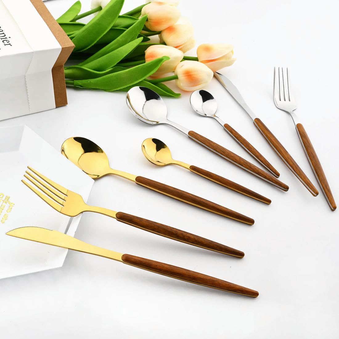 24 pièces de Vaisselle Marron argentée en Acier Inoxydable Imitation Manche en Bois argenterie Couteau cuillère Fourchette Ensemble de Couverts Vaisselle