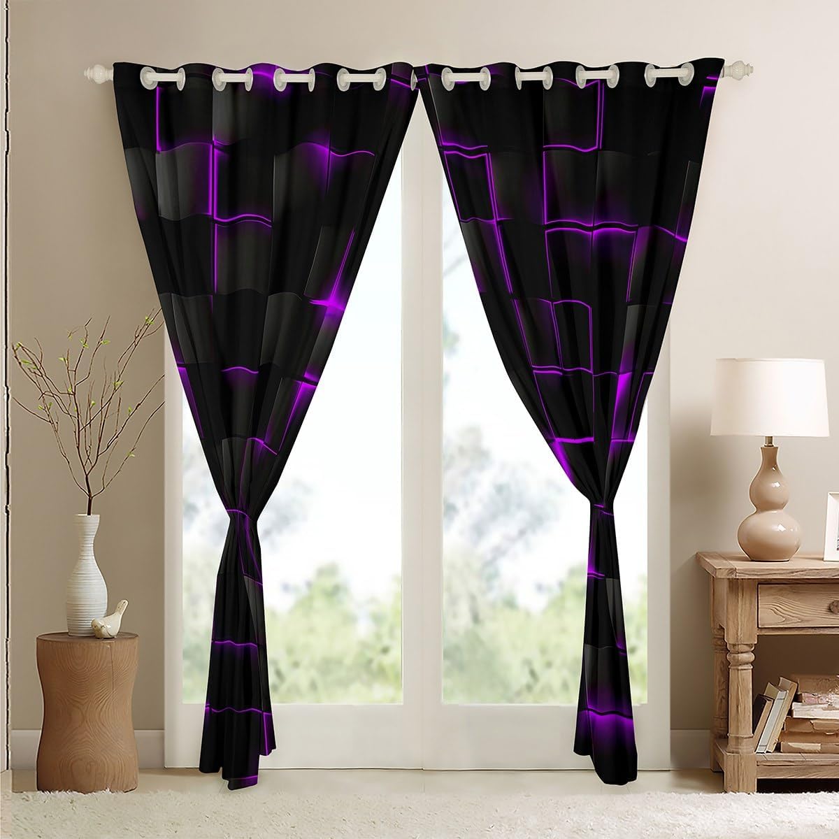 Feelyou Purple and Black Curtains for Bedroom Living Room (2 Panels, 42 x 63 Inch) Kids Light Geometric Blackout Curtains Boys Darkening Drapes Modern Style Window Treatments