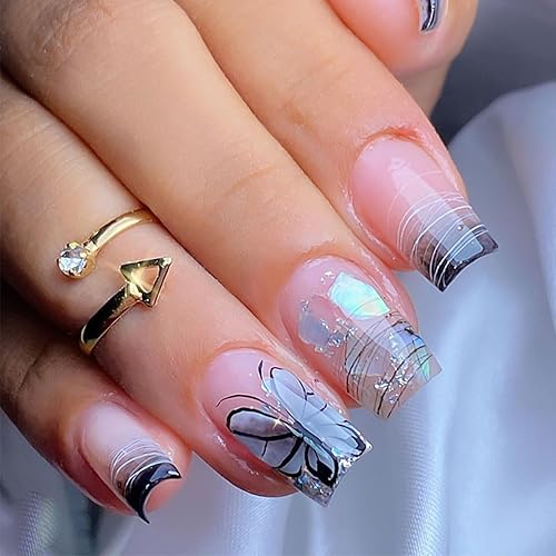 Miniatura 10 de Gufonkod Uñas postizas cuadradas medianas con punta francesa a presión, uñas adhesivas brillantes, uñas postizas de cobertura completa con diamantes