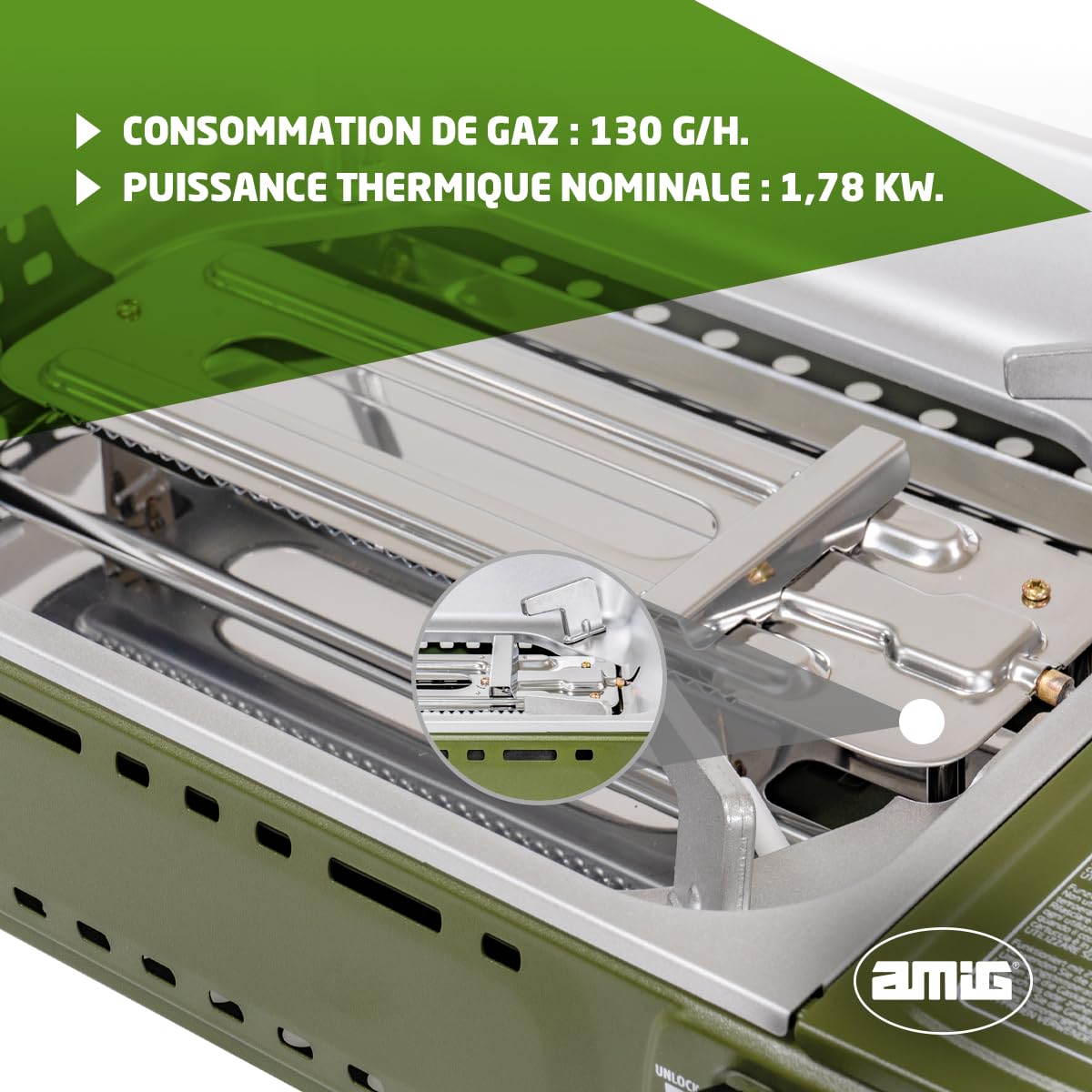 Amig - Réchaud a Gaz BBQ01K, Cuisine Portable, Kit Réchaud Grill - Grille en Fonte d'Aluminium et Plancha avec Couvercle de Cuisson, Plateau Ramasse-Graisse en Acier Inoxydable, 1,8 kW