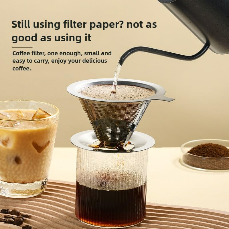 Gotero de café de acero inoxidable 304, filtro reutilizable sin papel para una taza, fabricante de malla fina, herramientas para el hogar (With a base L)