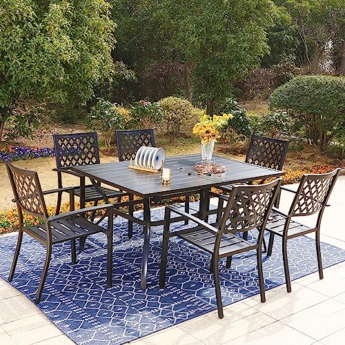 Phi Villa Patio Dining Set 7 Pcs 1 Metal Dining Table And 6 Patio Stackable Chairs For Outdoor Backyard Bistro Furniture Set #TOP1