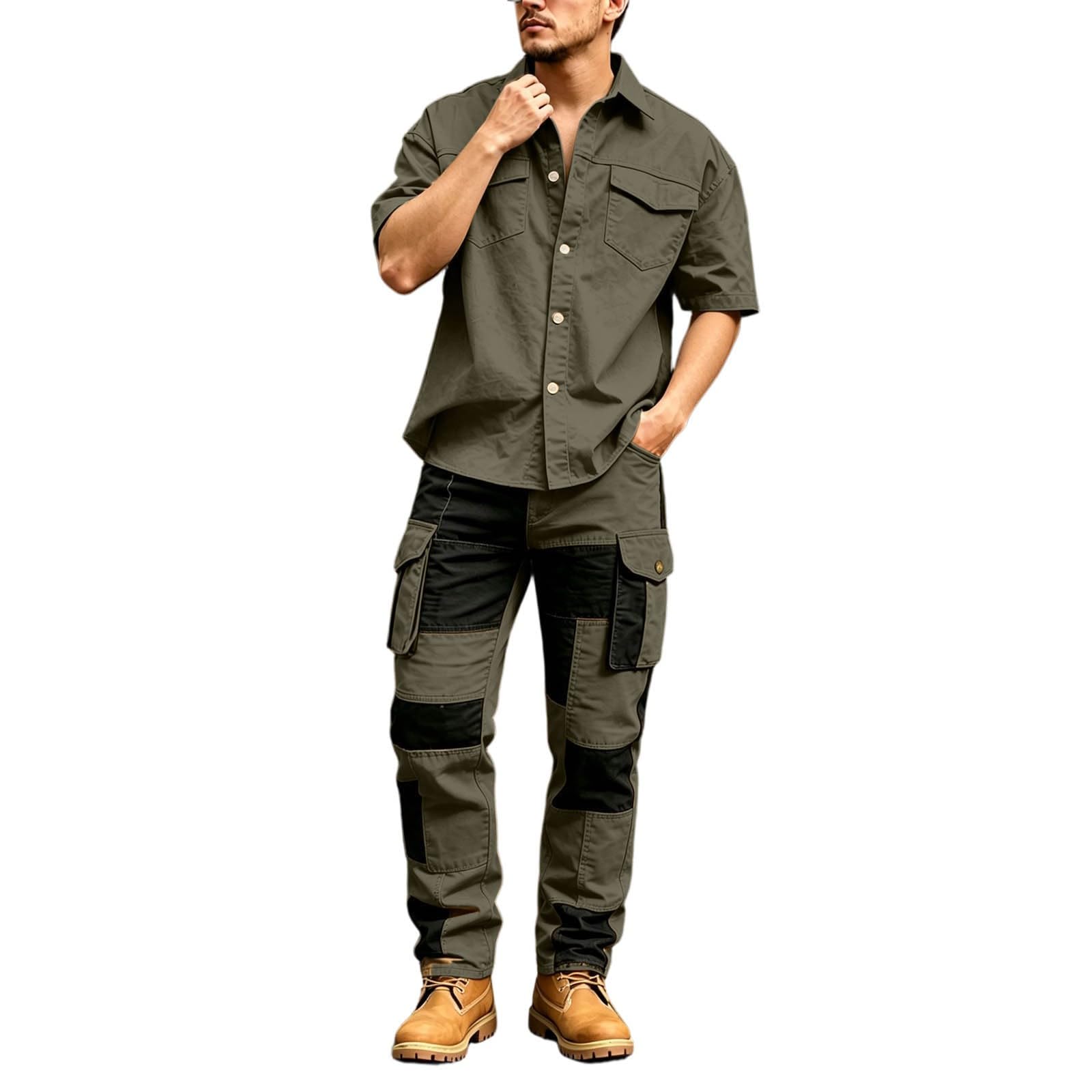 Tuta da uomo da jogging, pantaloni cargo e camicia da lavoro | Manica corta con tasche multipli, rinforzate, bicolore, robusto, resistente, per cantiere, artigianato all'aperto