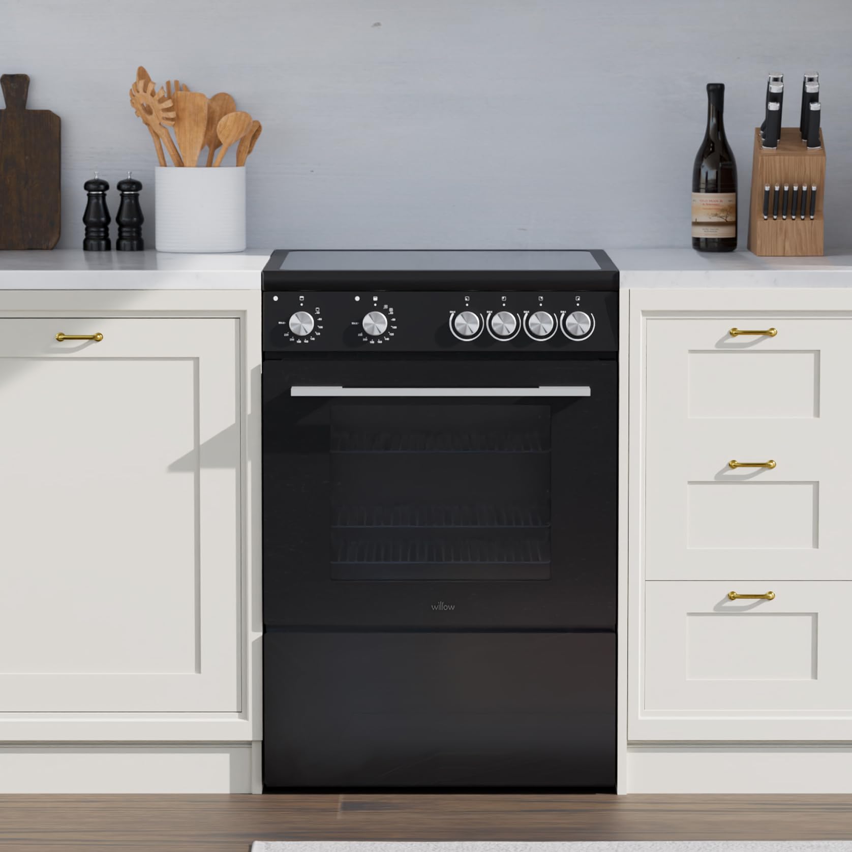 Willow W60CCBLK 68L Freestanding Electric Single Cavity Cooker with 4 Ceramic Hobs, Oven Light, Control Knobs, Easy Clean - Black — view 2