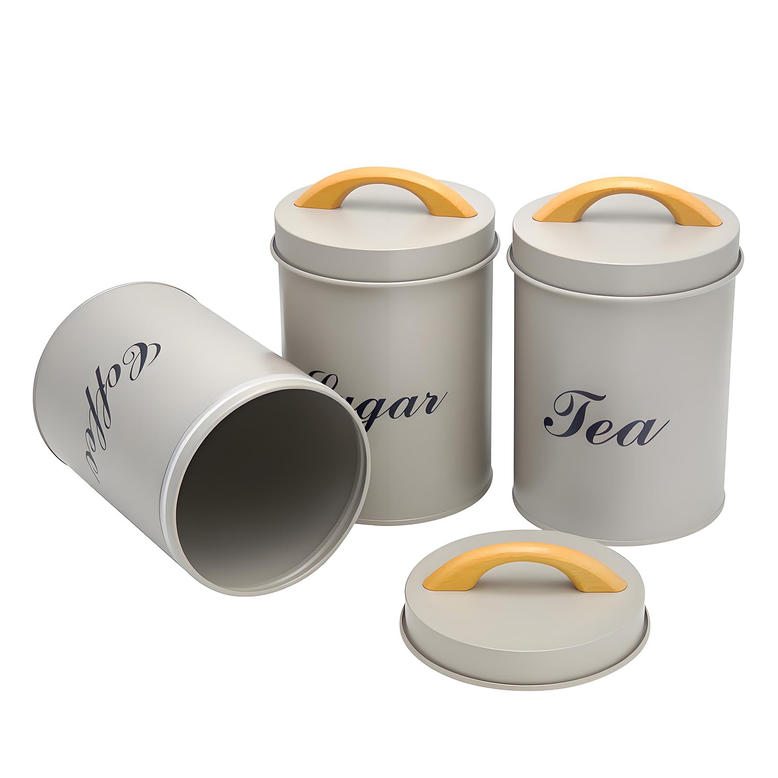 Kaeltsyn 3Pcs Kitchen Storage Container Round Iron Canister Bins with Wood Handle for Dry Food Coffee Sugar Preservation Wooden Jar