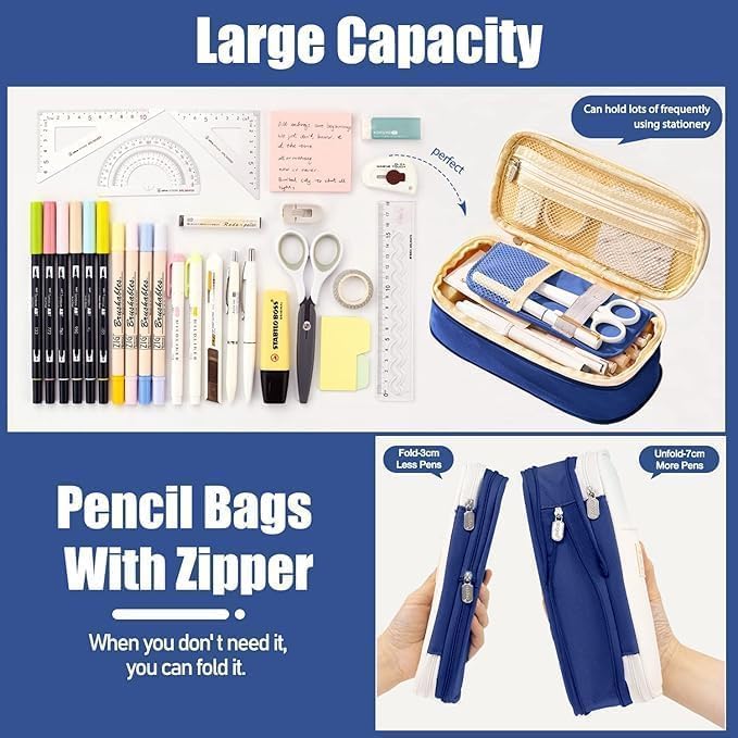 Image of WORSHIPER Big Capacity Pencil Pen Case Bag with Zipper Office College School Storage Large Capacity Bag Pouch Holder Box Organizer Colorful (Special - Creem+Blue Color)