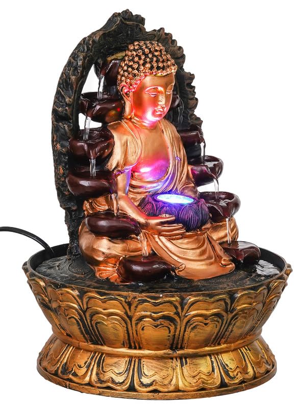 Image of Golden Brown Polyresin Tabletop Buddha Indoor Water Fountain for Home Decor with LED, Speed Control Pump (Size: 37 x 27 x 27 CM | Weight: 2185Gram)