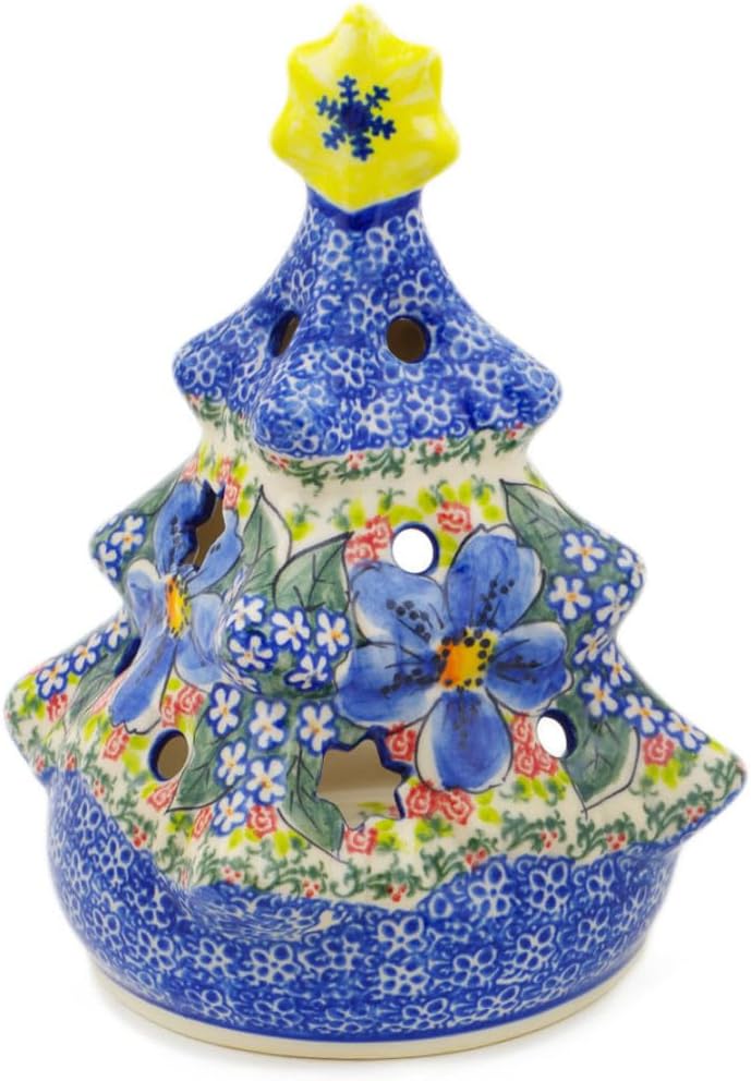 Polmedia Polish Pottery Christmas Tree Candle Holder UNIKAT - Floral Dream Pattern Handmade in Boleslawiec Poland + Certificate of Authenticity