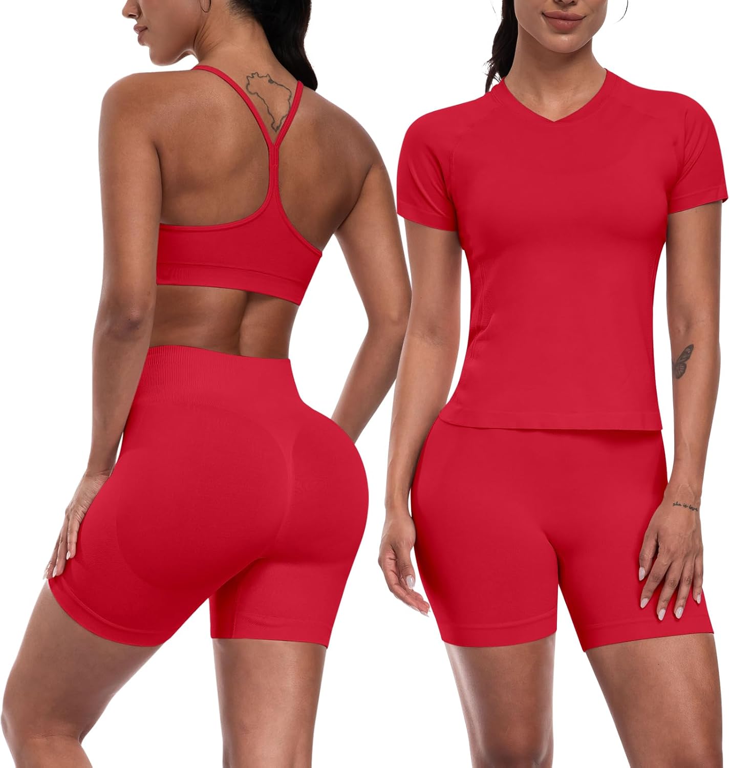 Women 3 Piece Workout Sets Seamless Running Tops Athletic Gym Yoga Short Y Back Sports Bras Outfits