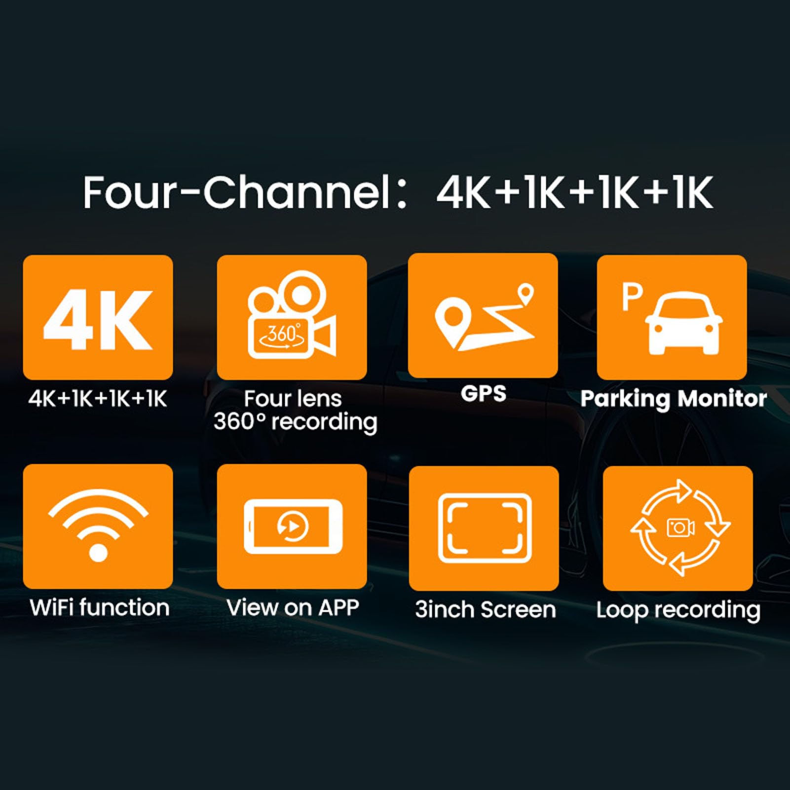 VBESTLIFE Cámara de Salpicadero 4K, DVR para Coche con Visión Nocturna Delantera y Trasera de 4 Lentes con Pantalla de 3 Pulgadas, Gran Angular de 170°, Sensor G, Monitor de