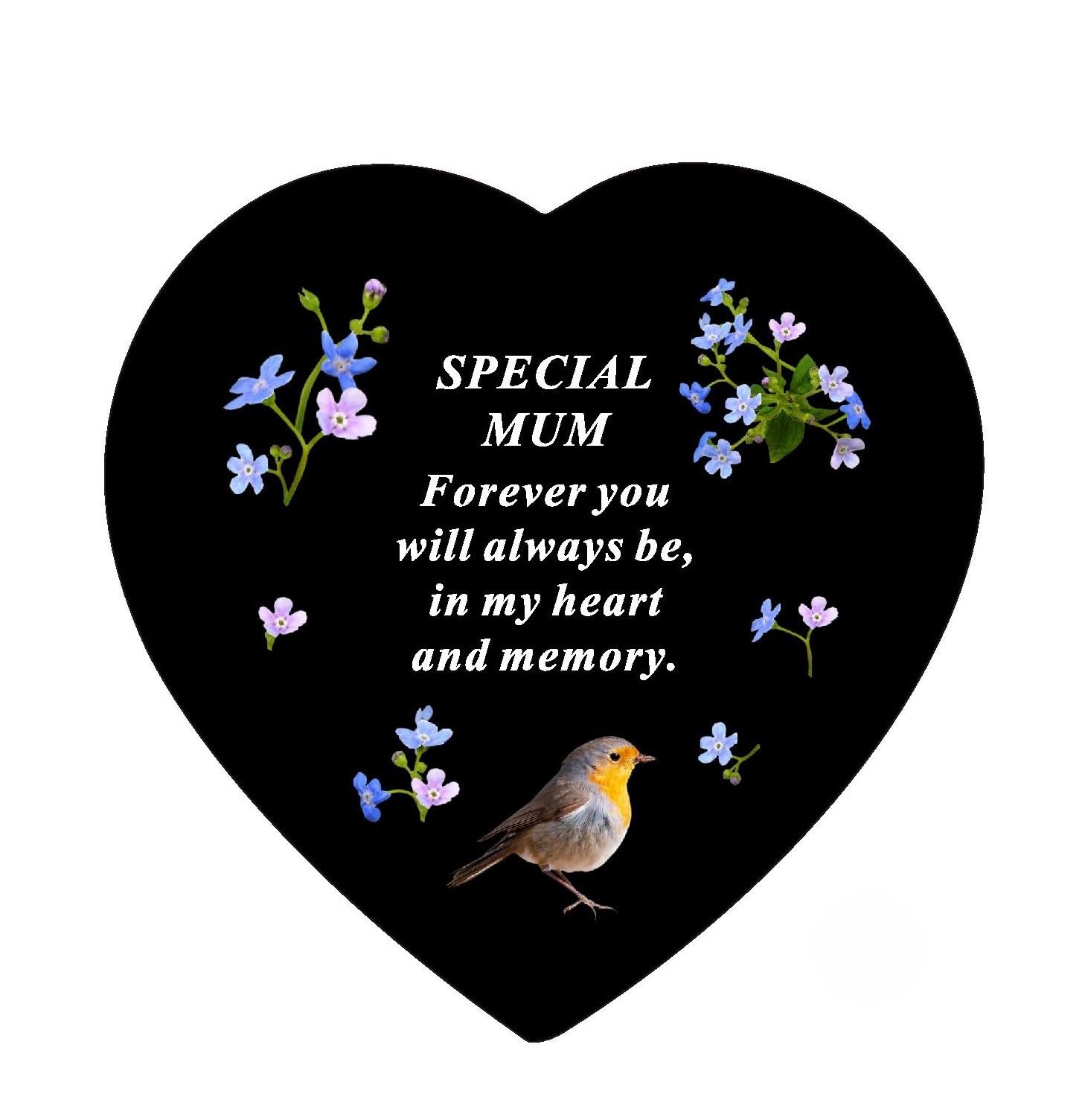 Mum Memorial Heart Plaque – Graveside Ornament with Robin & Forget-Me-Not Design
