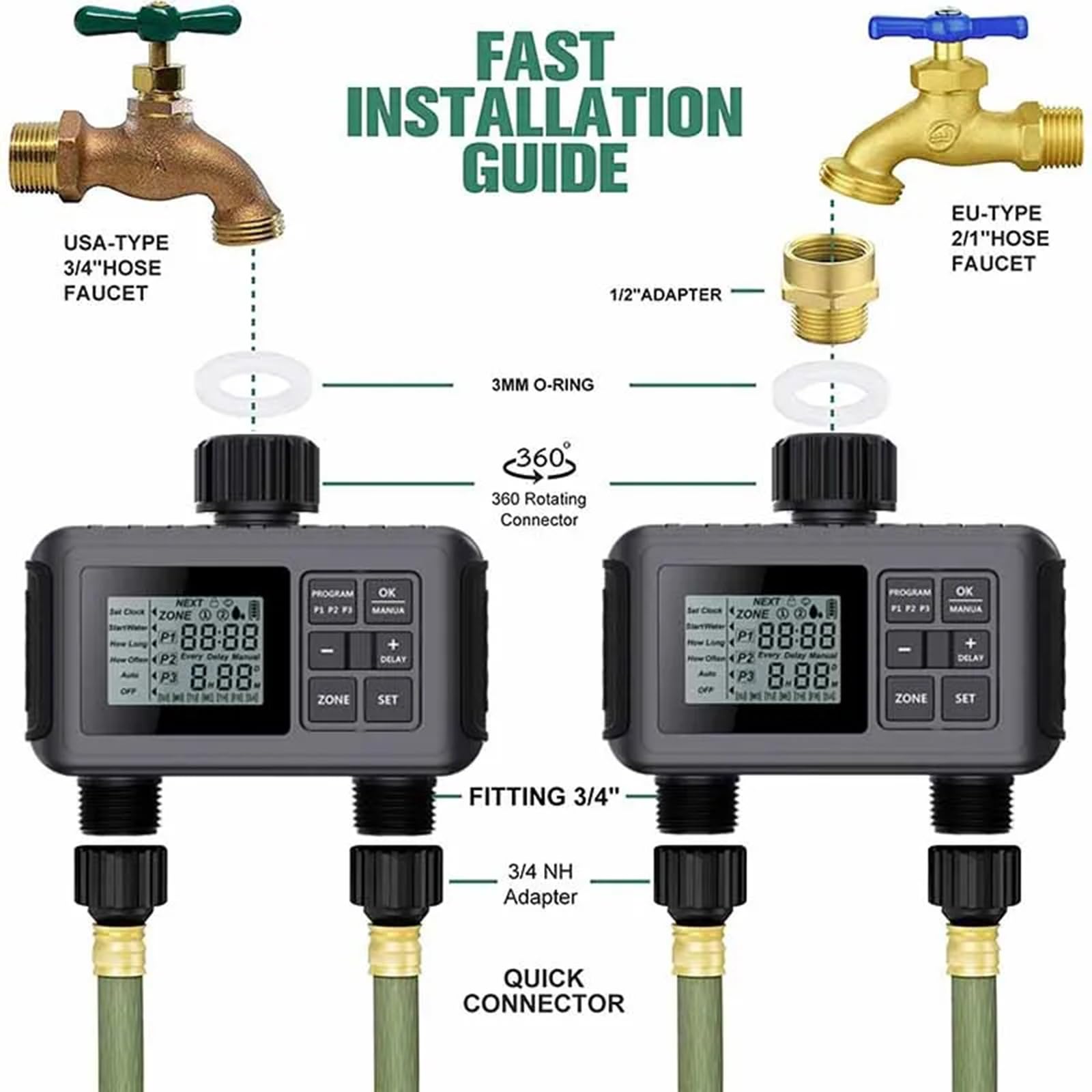 Timer for irrigazione, timer for tubo flessibile, timer for irrigazione for rubinetto da giardino con 2 uscite, timer for tubo flessibile programmabile, controller for sistema di irrigazione con 3 pro