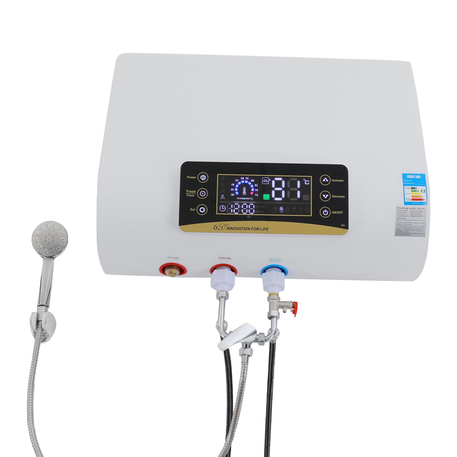 Serbatoio acqua calda da 80 l, 2000 W, 30 – 75 °C, scaldabagno elettrico, da appendere a parete con doccetta e protezione dalle perdite, scaldabagno istantaneo, 73,5 x 27 x 43,5 cm