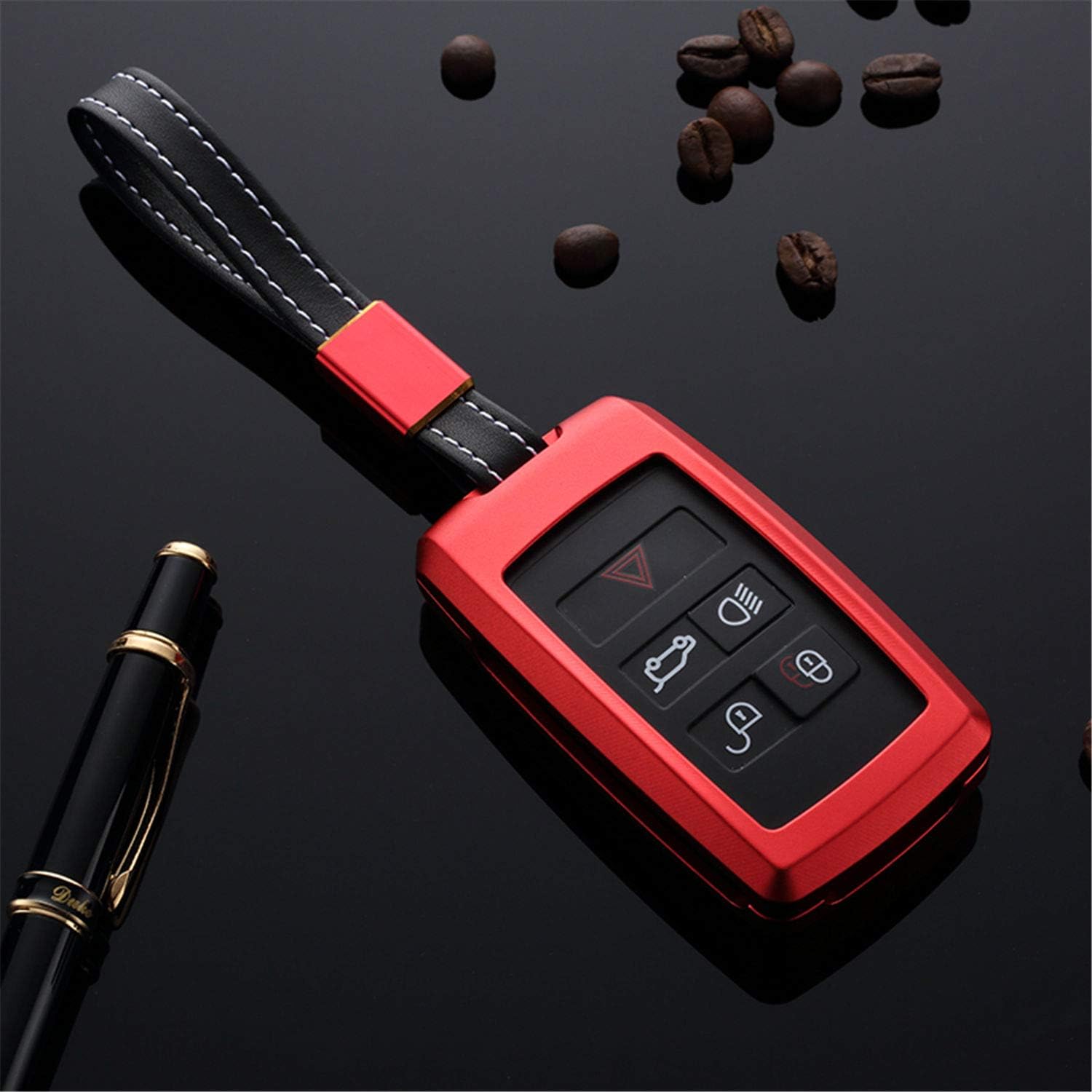 MissBlue Car Key Fob Cover For Discovery 5 For Range Rover Evoque Sport Vogue For Jaguar E-PACE I-PACE Smart Remote Key, Aluminum Car Key Case Cover Protector With Wrist Lanyard - Red