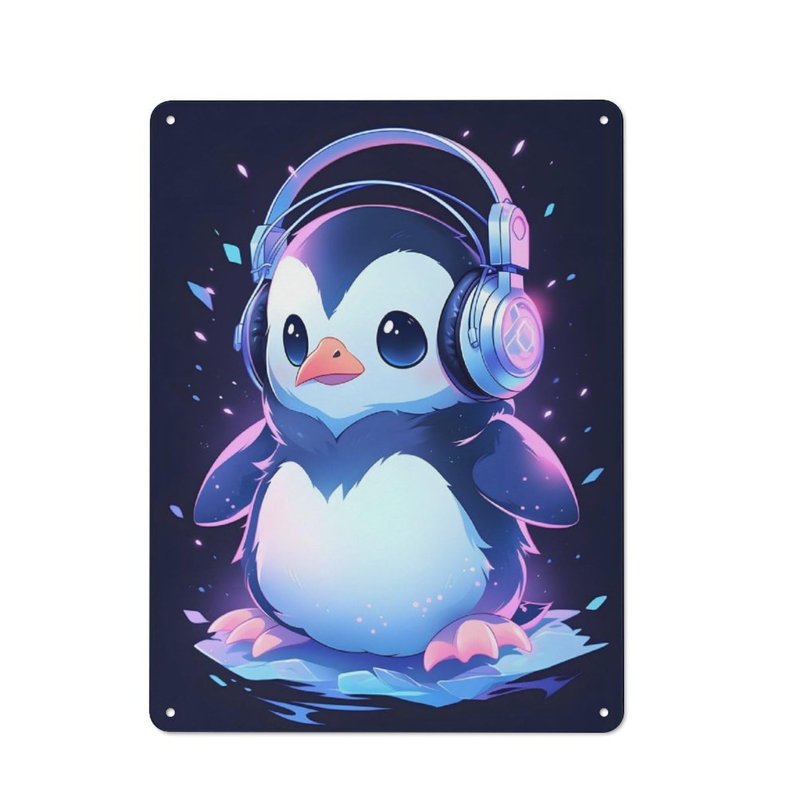 Junmoney Cold Penguin Headphones Vintage Metal Wall Decor 40X30cm, Tin Wall Sign For Restaurant, Kitchen, Counter Or Breakfast Nook