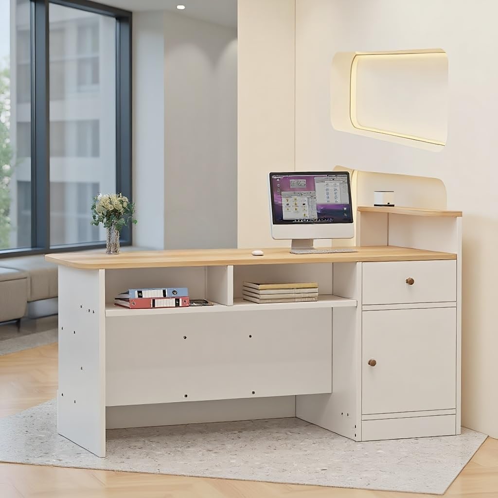 Moderno banco reception elegante banco cassa con ampio spazio di archiviazione in legno reception per vendita al dettaglio e salone (altezza destra 140 cm) design elegante e funzionale