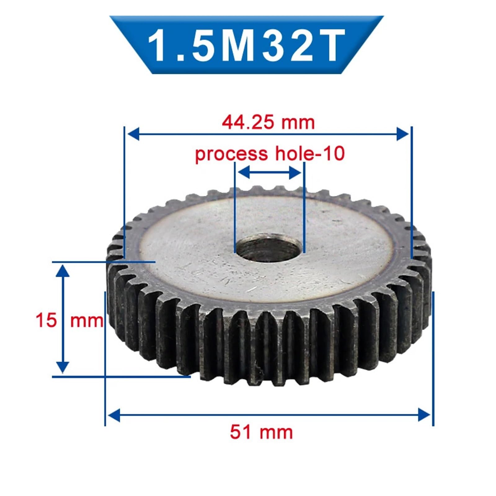 Bevel Gear Pinion Hardware Mechanical 1pcs 1.5M Spur Gear 32/33/34/35 Teeth 10mm Process Hole Gear Wheel Low Carbon Steel Flat Gear Total Height 15mm(32 Teeth)