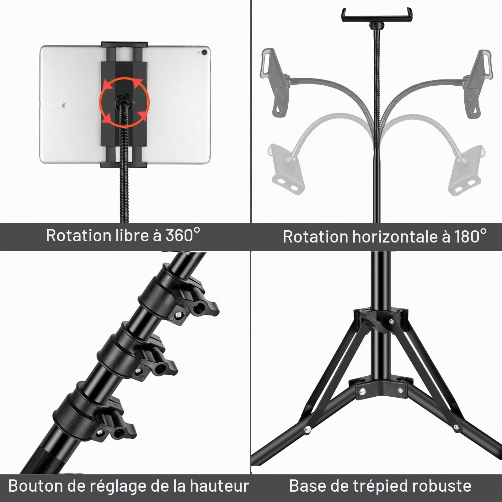Support pour Tablette - Réglable en Hauteur jusqu'à 65" - Support pour Tablette - Trépied pour iPad Pro12.9, iPad Air Mini, Tablette, iPhone, Smartphone et Tablette de 4,5 à 13"