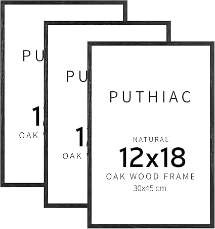 puthiac 12x18 Black Oak Wood Picture Frame - Minimalist 12x18 Poster Frame, 12"x18" Picture Frame Wood, Natural Solid Wooden Picture Frames for Wall Art Photo and Prints (3 Pack, Black)