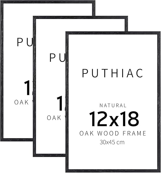 puthiac 12x18 Black Oak Wood Picture Frame - Minimalist 12x18 Poster Frame, 12"x18" Picture Frame Wood, Natural Solid Wooden Picture Frames for Wall Art Photo and Prints (3 Pack, Black)