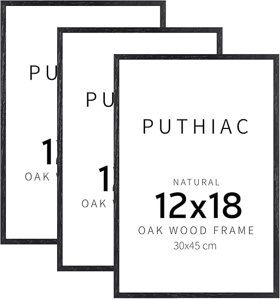 puthiac 12x18 Black Oak Wood Picture Frame - Minimalist 12x18 Poster Frame, 12"x18" Picture Frame Wood, Natural Solid Wooden Picture Frames for Wall Art Photo and Prints (3 Pack, Black)
